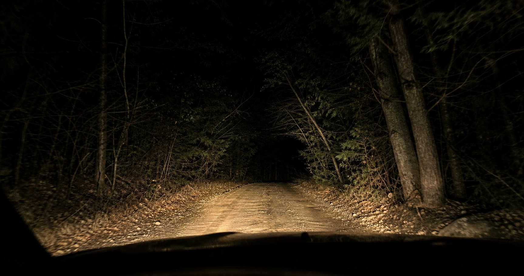 Dark rural road outside Saskatoon at night, lit by headlights